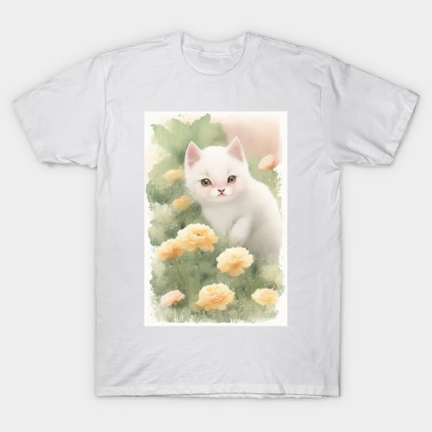 White Cat in the Flower Garden Soft Pastel Colours T-Shirt by Stades